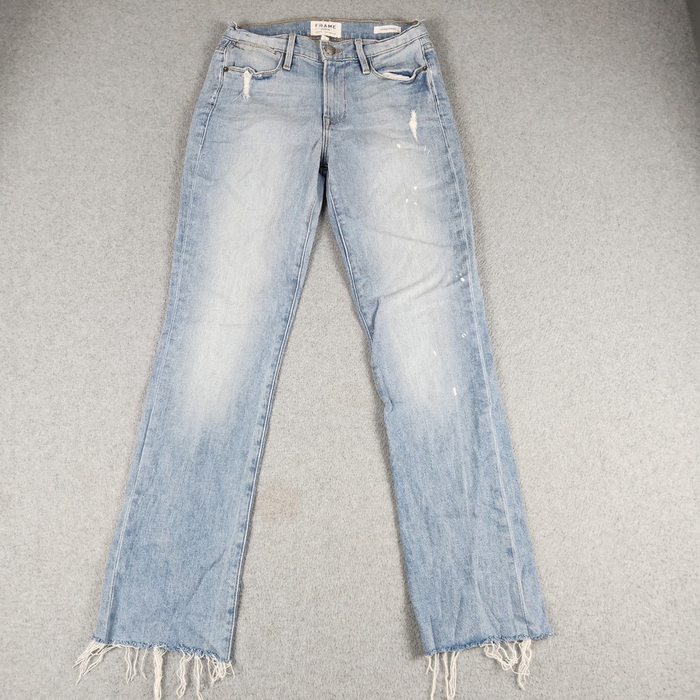 Frame Jeans Womens 26 Light Blue Le High Straight Berkshire Distressed Raw Hem